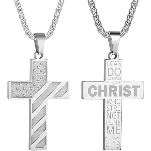 Silver American Flag Christ Cross Necklace Men Stainless Steel Box Chain 22 inch - Picture 7 of 7